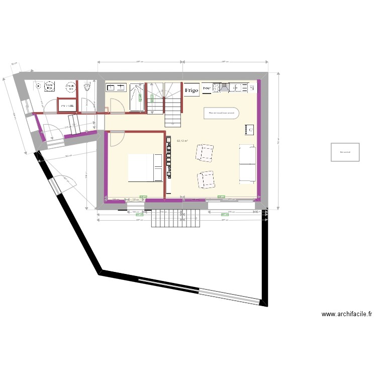 Plan RDC avec chambre disposition sdb 2. Plan de 1 pièce et 62 m2