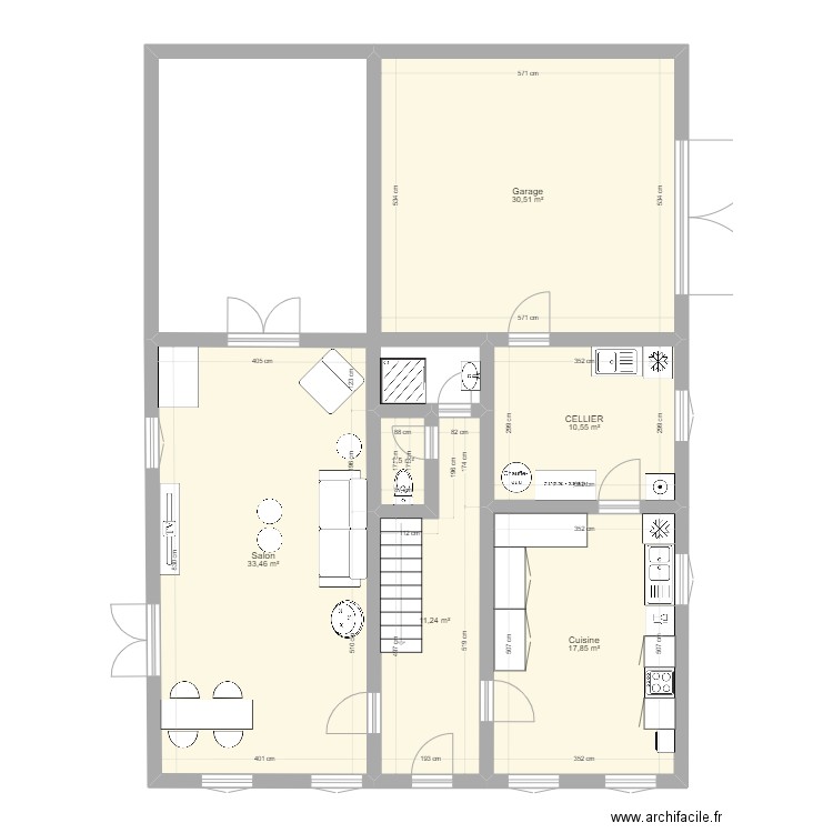 Plassay RDC. Plan de 6 pièces et 105 m2