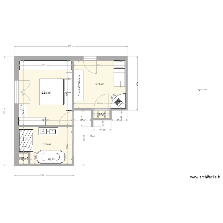 Chambre-SDB. Plan de 5 pièces et 30 m2