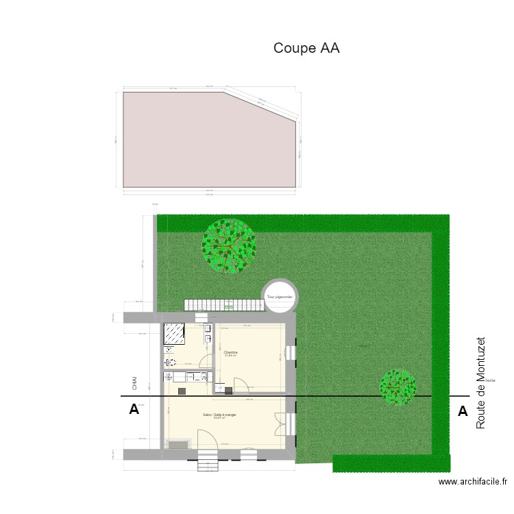 Gite rural dans chai Projet avec extèrieurs. Plan de 2 pièces et 46 m2