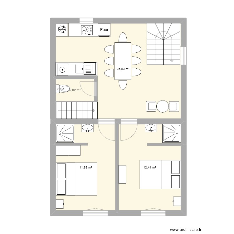 2chambres individuelles . Plan de 4 pièces et 51 m2