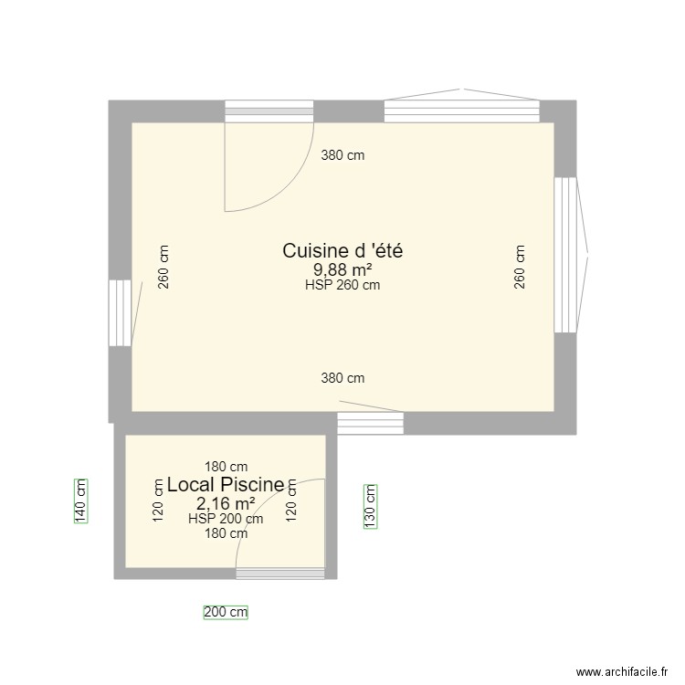 Cuisine ete et local piscine. Plan de 2 pièces et 12 m2