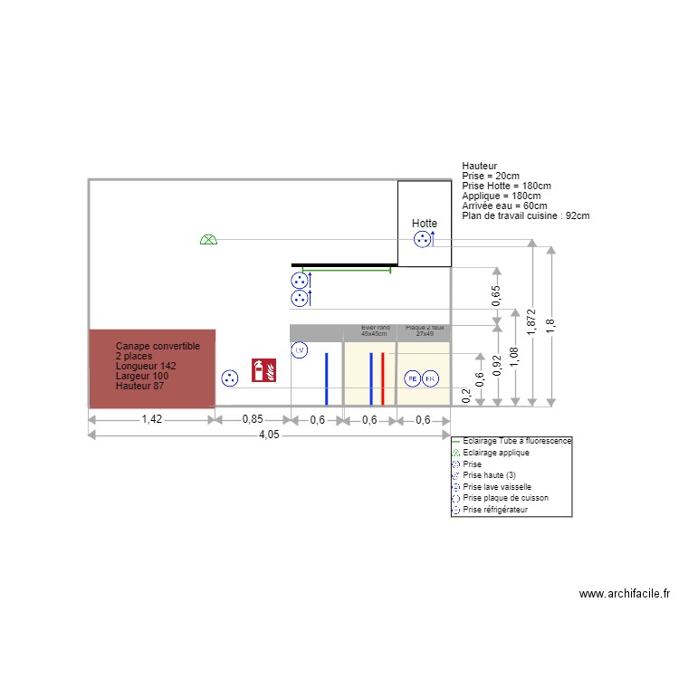 Cuisine Face D. Plan de 2 pièces et 1 m2