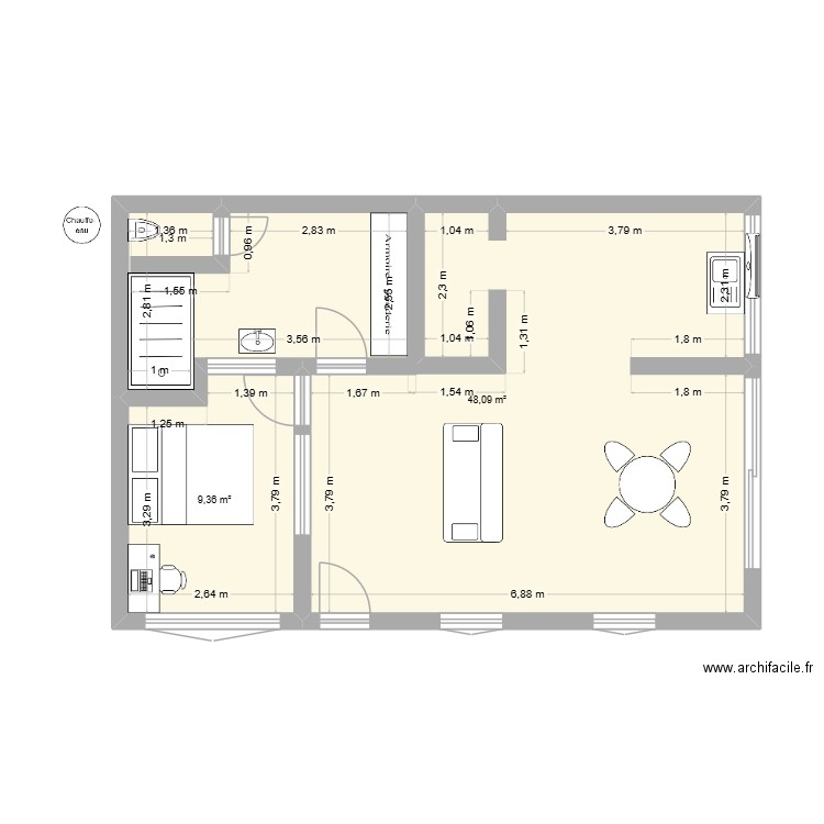plan final V2. Plan de 2 pièces et 57 m2