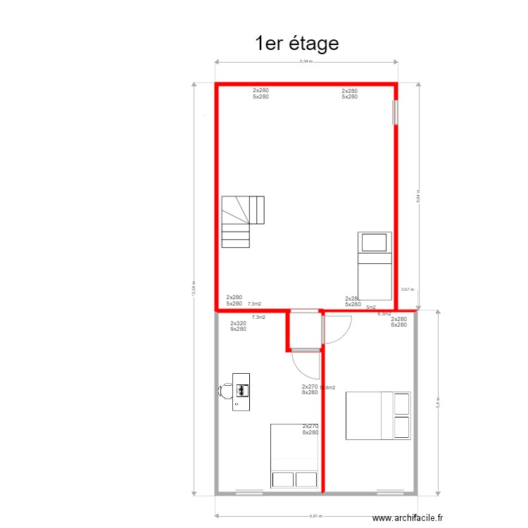metrage 1er etage. Plan de 3 pièces et 63 m2