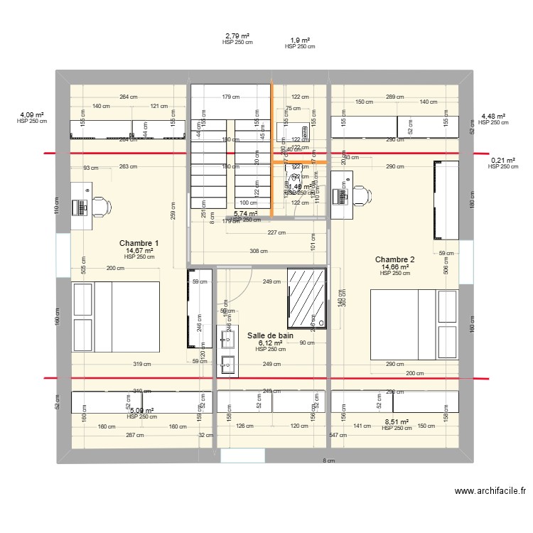 comble 3. Plan de 12 pièces et 70 m2