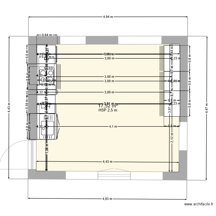 Aménagement Cuisine. Plan de 1 pièce et 18 m2