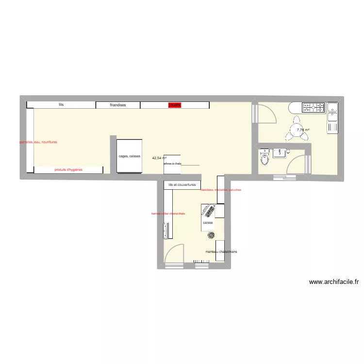 animalerie. Plan de 2  et 50 m²