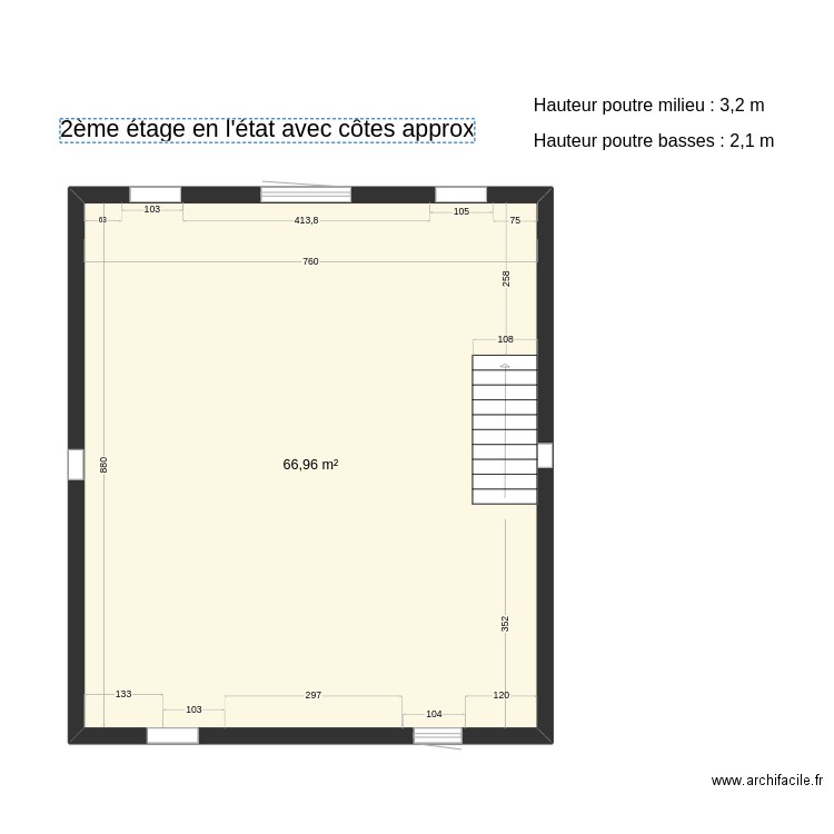 2ème étage en l'état avec côtes. Plan de 1 pièce et 67 m2