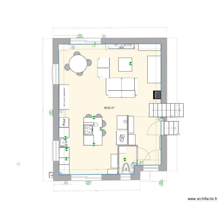 Plan initial cuisine séjour 290122 avec mini buanderie. Plan de 1 pièce et 46 m2