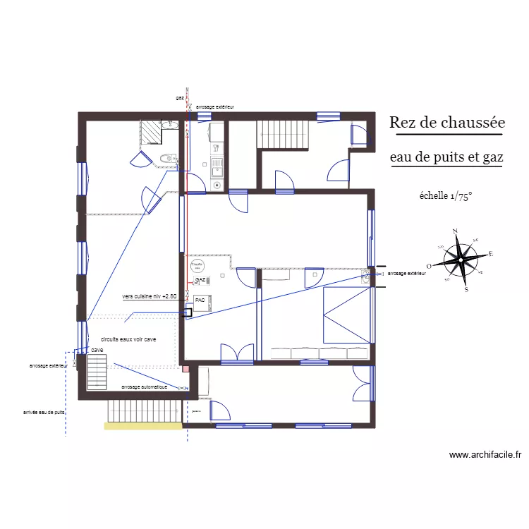 Rez de Chauss&eacute;e  eau de puits et gaz. Plan de 