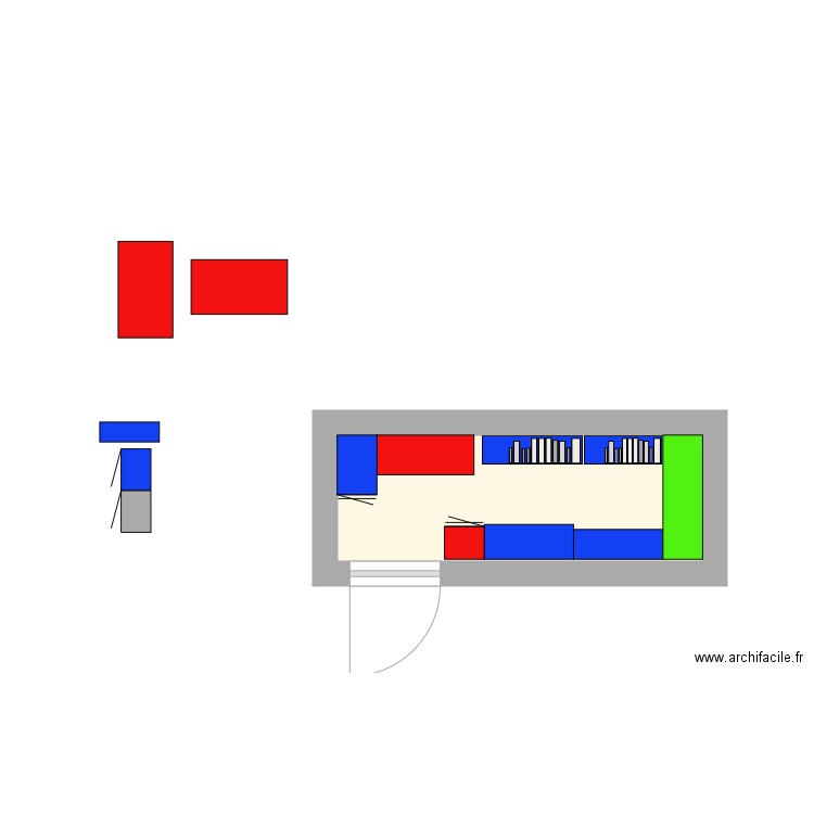 la CAVE V44 avec meuble cuisine en 60 de prof + Mini biblio 60x20. Plan de 1 pièce et 5 m2