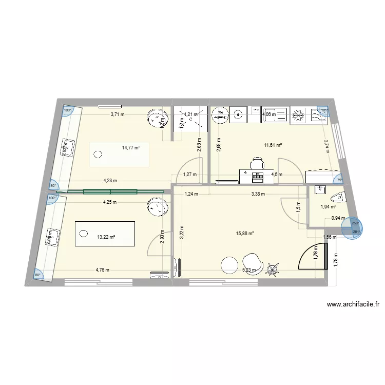 Local Dandy. Plan de 5 pièces et 57 m²