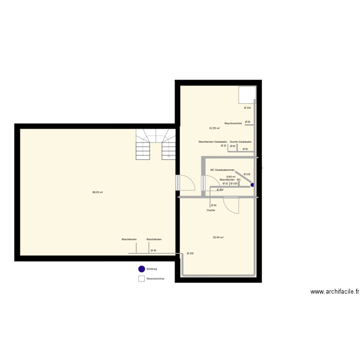 Keller Abwasser. Plan de 12 pièces et 232 m2