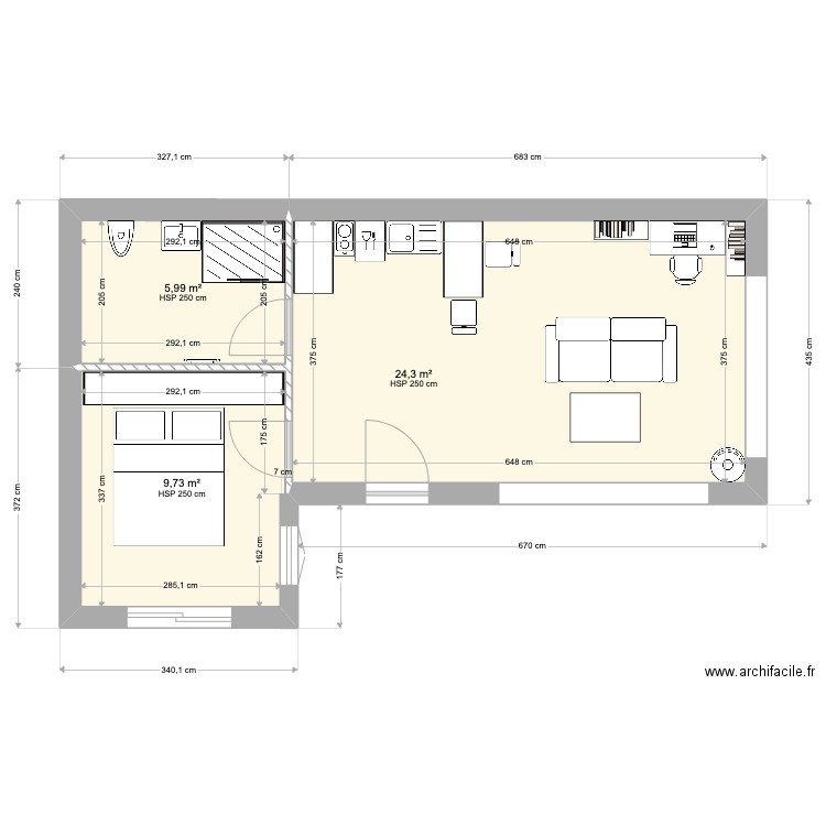 Cabane en L. Plan de 3 pièces et 40 m2