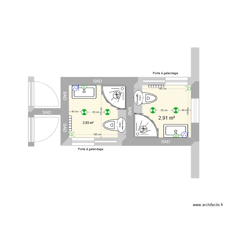 Salles de bain 1er. Plan de 2 pièces et 6 m2