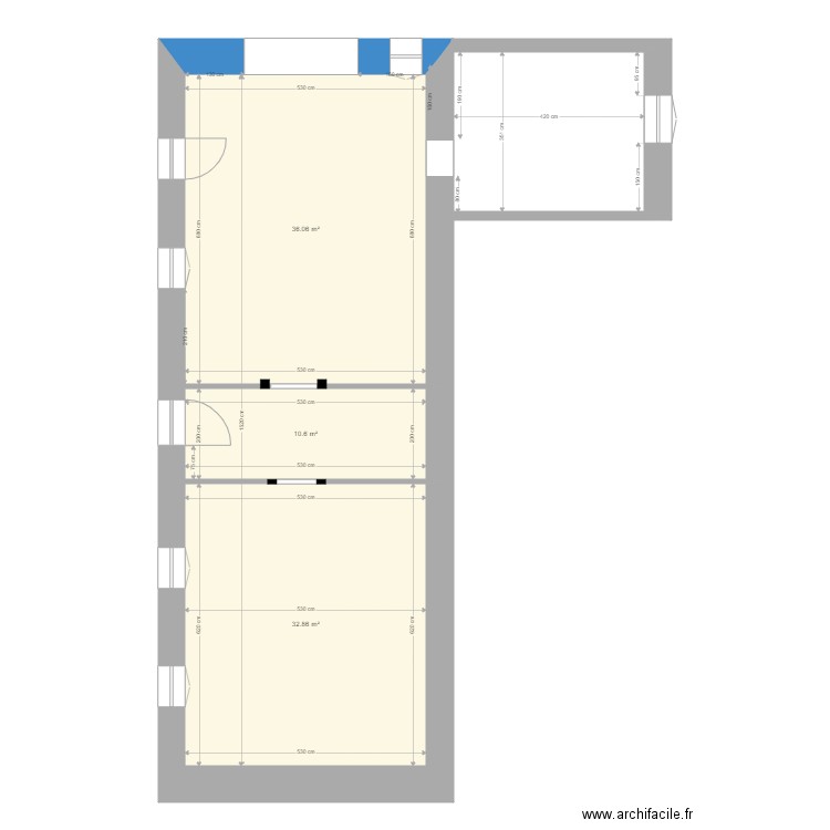 rdc sans isolation. Plan de 3 pièces et 80 m2