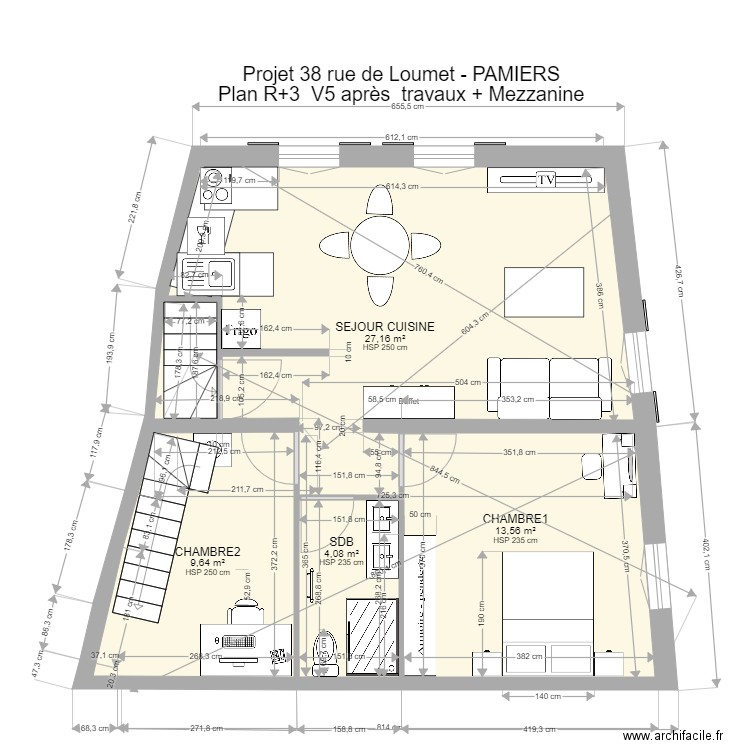 PAMIERS3 R+3 V5 après travaux + mezzanine. Plan de 7 pièces et 70 m2