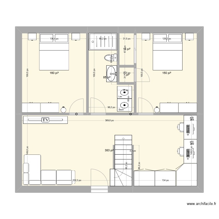 Salle de bain RDC. Plan de 6 pièces et 74 m2