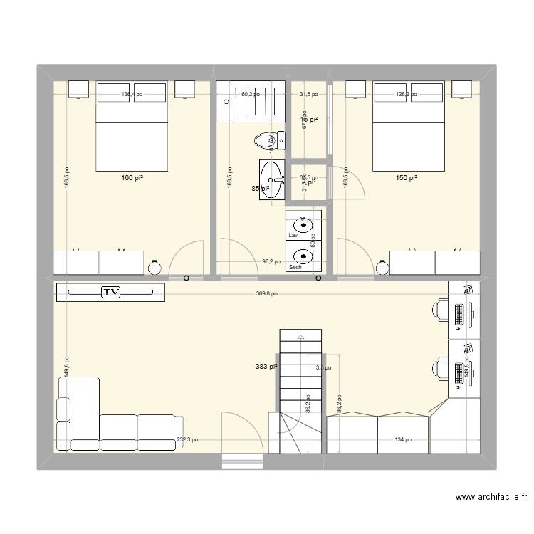 Salle de bain RDC. Plan de 2 pièces et 7 m2