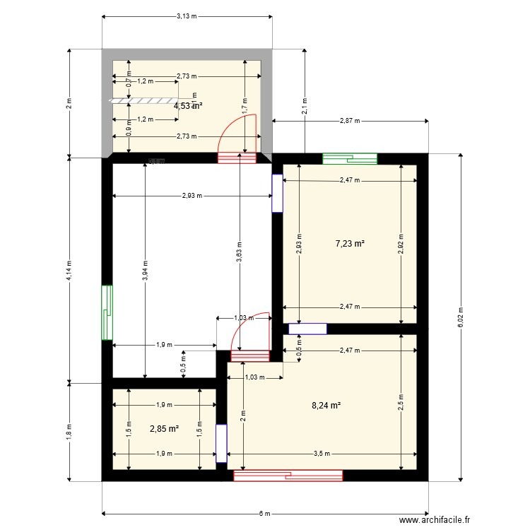 FAOYE 6x6. Plan de 4 pièces et 23 m2