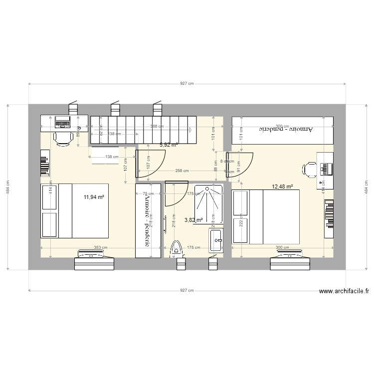 Etage AA. Plan de 4 pièces et 34 m2