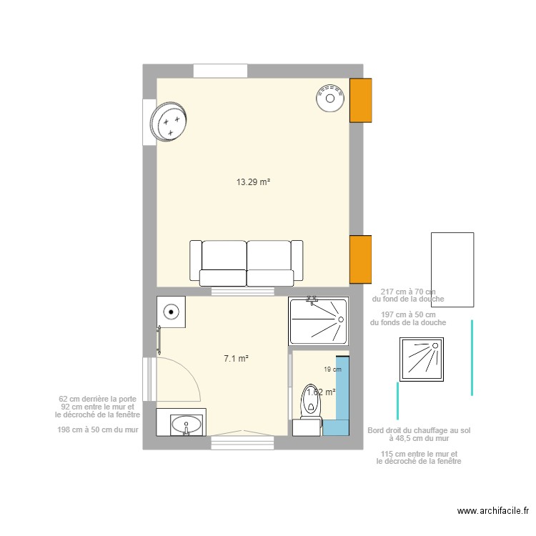 Grrr RdC 2023 - 10 (douche 110x90) wc retourné. Plan de 3 pièces et 22 m2