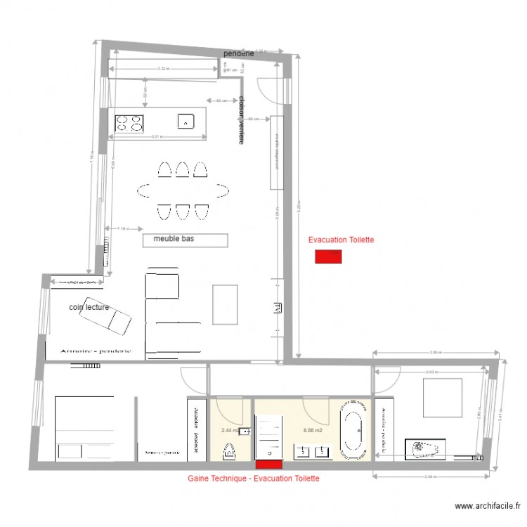 T2 couloir entrée cuisine ouverte  v012. Plan de 0 pièce et 0 m2