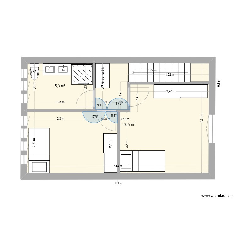 Spangen. Plan de 2 pièces et 34 m2