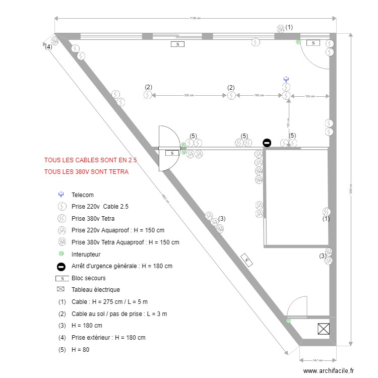 Boucherie Electricité. Plan de 2 pièces et 80 m2