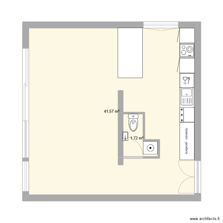 Cuisine Villa Récamier. Plan de 2 pièces et 46 m2