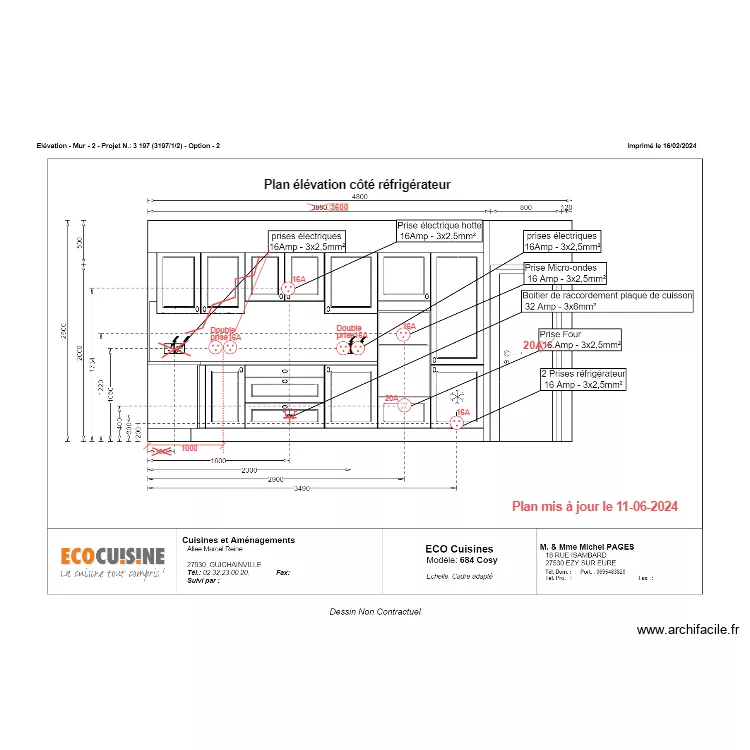 Plan Cuisine &eacute;l&eacute;vation c&ocirc;t&eacute; R&eacute;frig&eacute;rateur. Plan de 