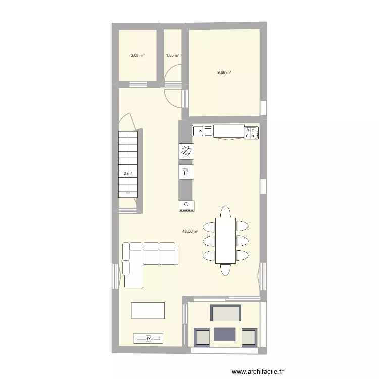 Etage avant 1e solution. Plan de 5  et 64 m²