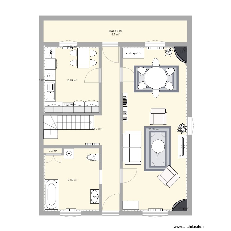 vraies dimensions SDB au fond aire ouverte cuisine 2. Plan de 0 pièce et 0 m2