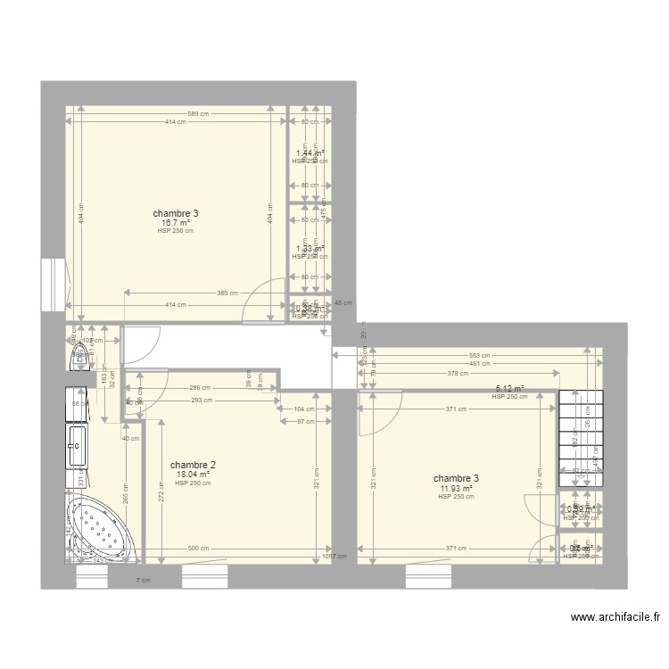 projet 2 salle de bain. Plan de 9 pièces et 56 m2