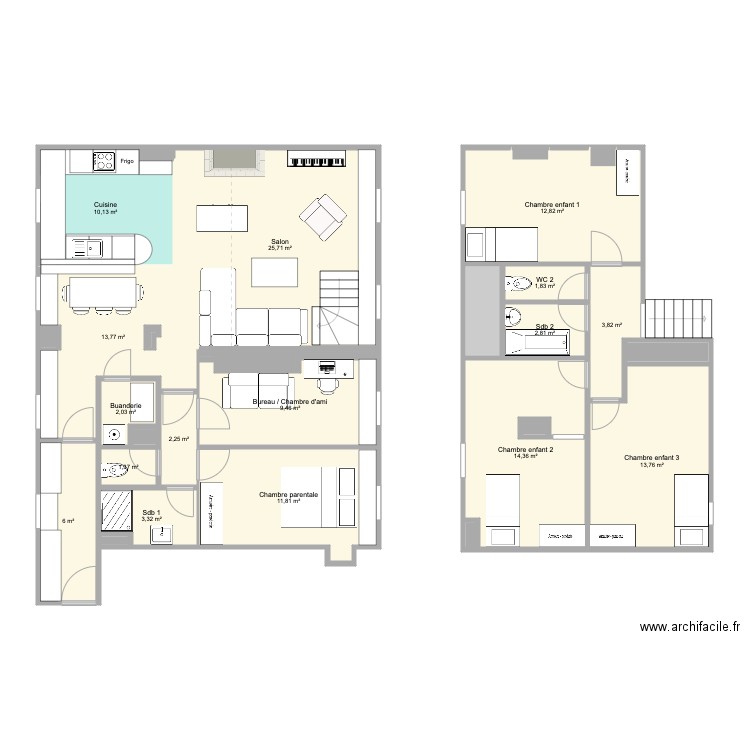 Quincampoix plan B. Plan de 30 pièces et 142 m2