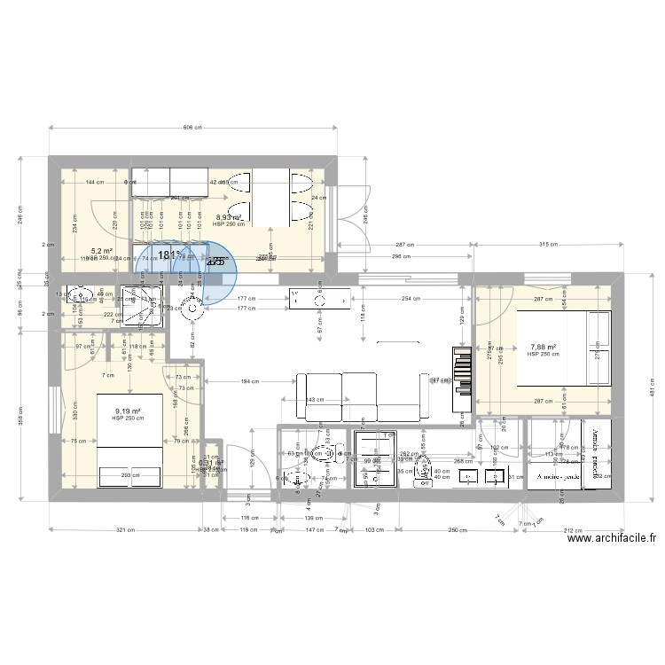 Maison 5 container. Plan de 5 pièces et 32 m2