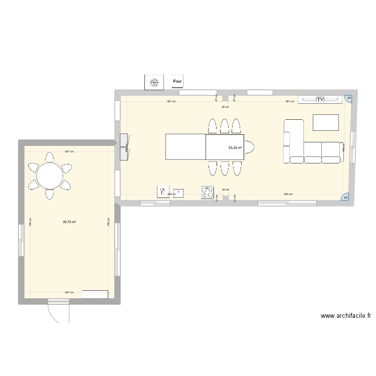 Plan salon cuisine. Plan de 1 pièce et 53 m2