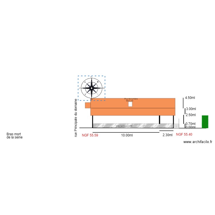 Facade OUEST  chalet 90. Plan de 2 pièces et 43 m2