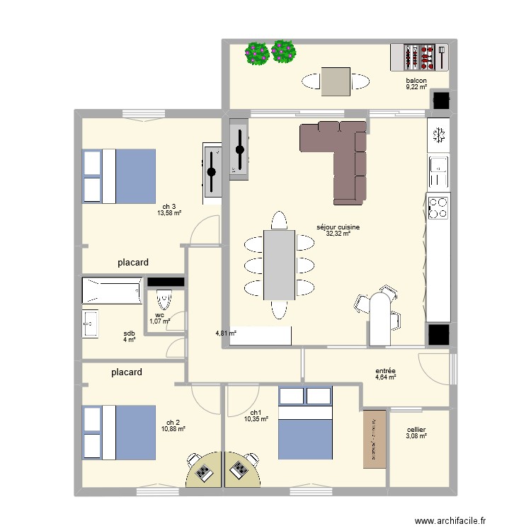 LECA. Plan de 13 pièces et 95 m2