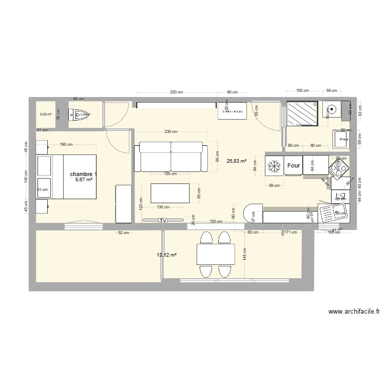 PLAN3 CUISINE NORD PLAQUE ANGLE. Plan de 5 pièces et 49 m2