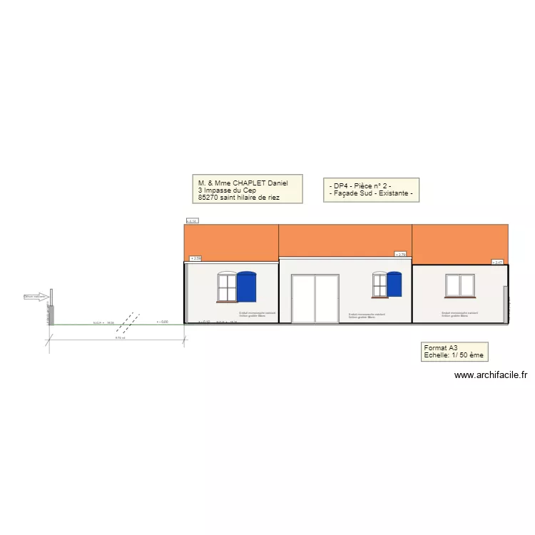 Fa&ccedil;ade Sud partie existante. Plan de 