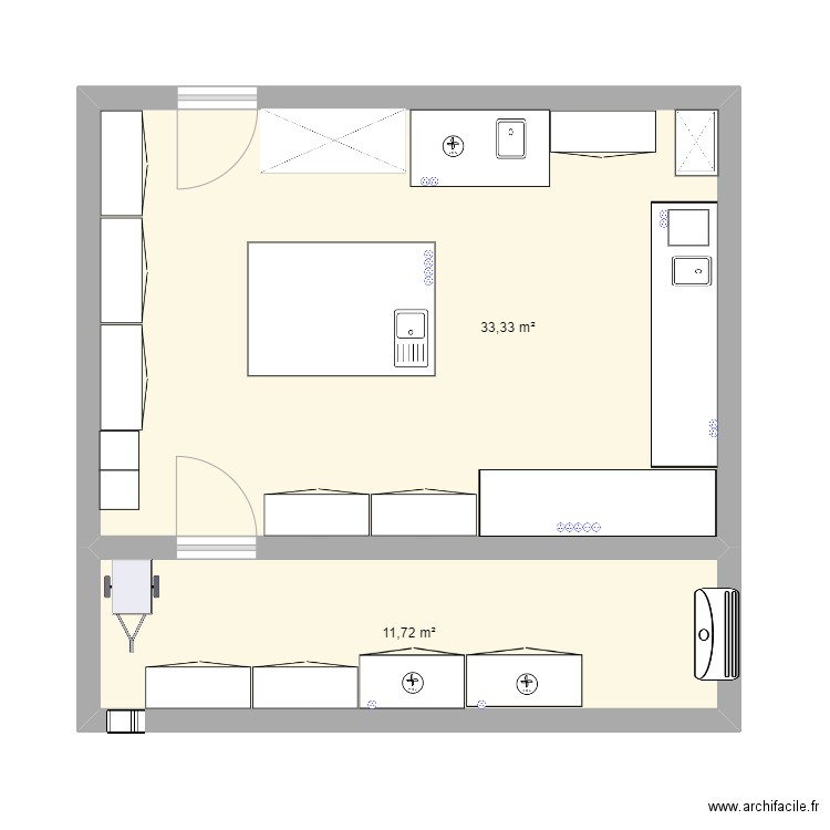 B208. Plan de 2 pièces et 45 m2