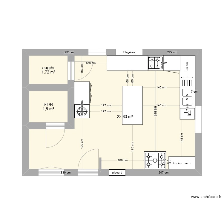 plan cuisine. Plan de 3 pièces et 27 m2