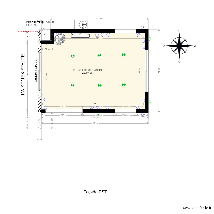 Vue en plan extension salon et façade EST. Plan de 0 pièce et 0 m2