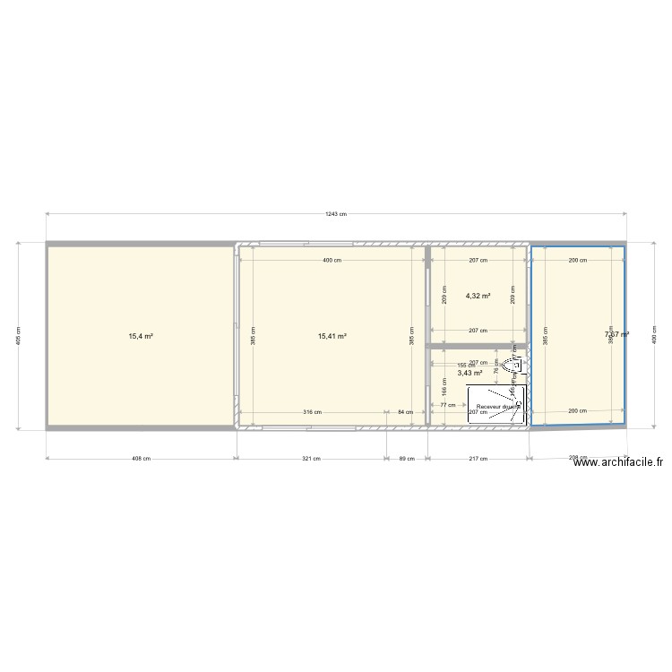 Coque + habitation  pour mètre et poids. Plan de 5 pièces et 46 m2