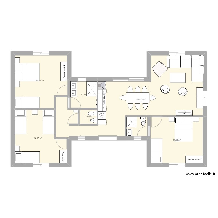 cabaña 3 ch 90 m2. Plan de 6 pièces et 91 m2