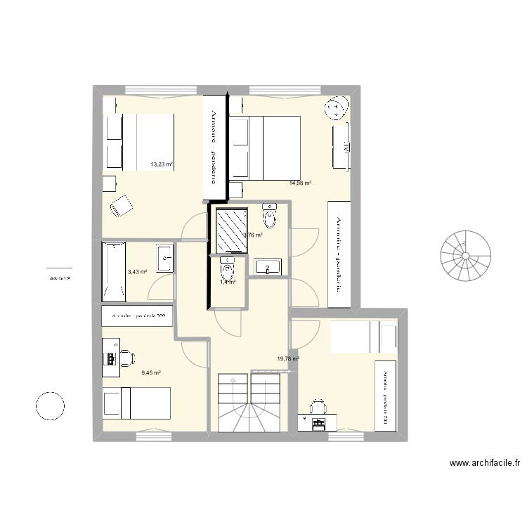 Etage 1 bis. Plan de 7 pièces et 66 m2