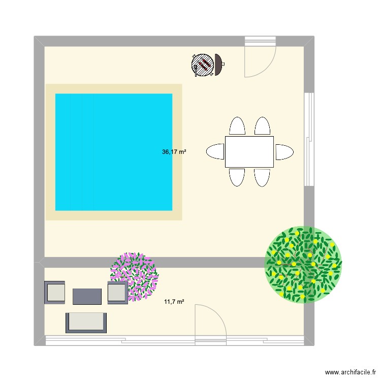 piscine. Plan de 2 pièces et 48 m2