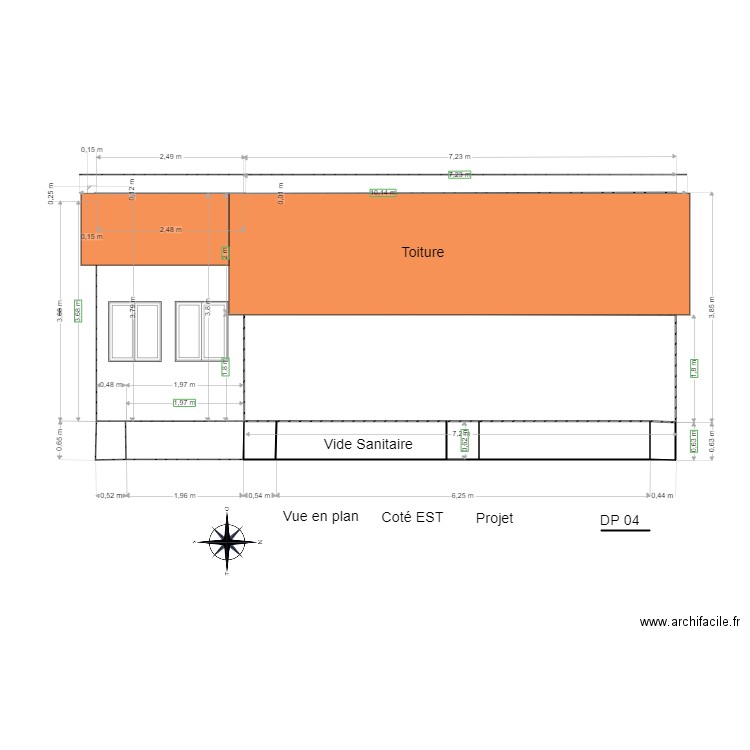 Vue en plan coté EST. Plan de 9 pièces et 33 m2